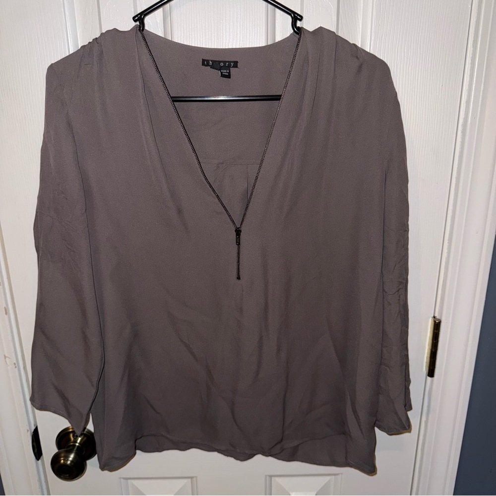 Theory Charcoal V-Neck Silk Blouse